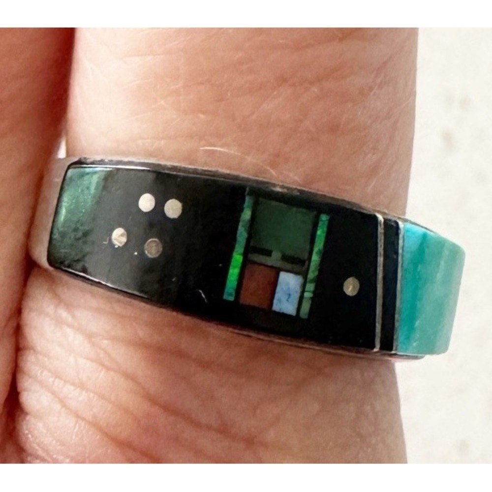 Zuni Native American Inlay Ring Sterling Silver "Night Sky" Pueblo Scene Sz 9.5